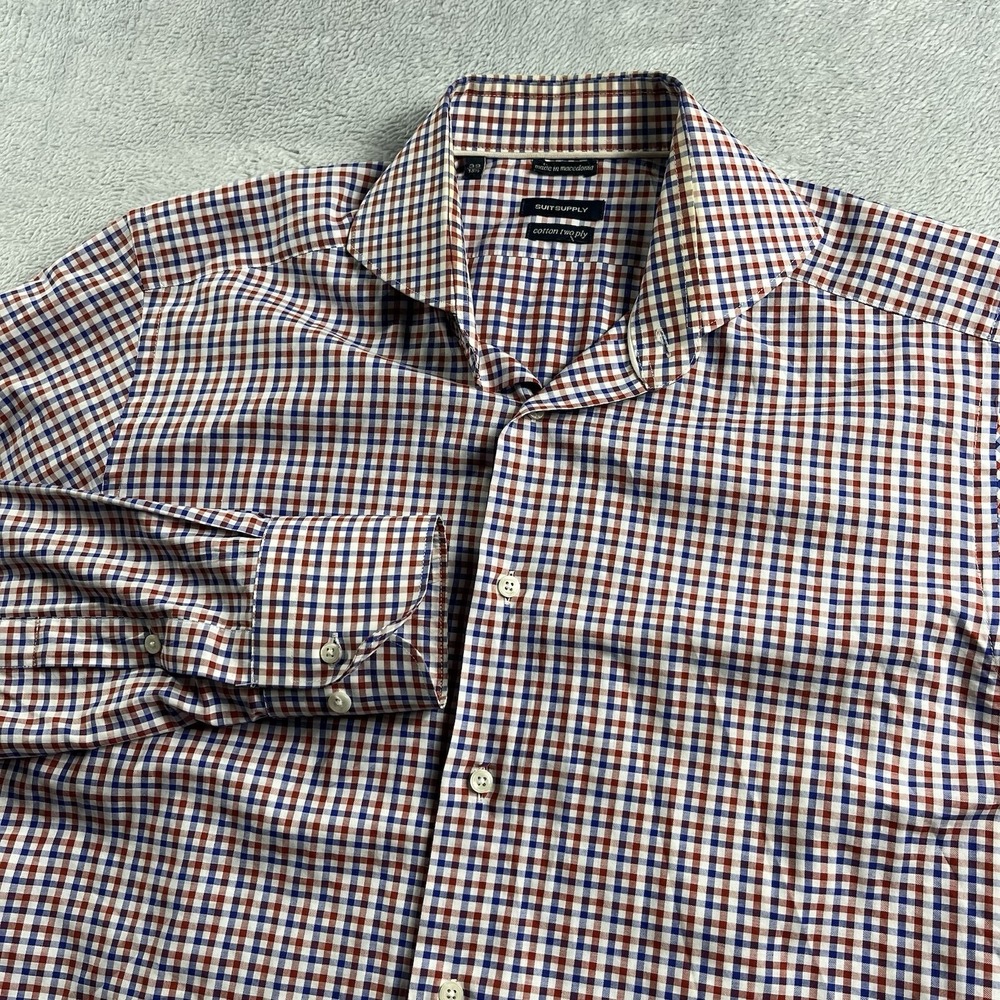 Suit Supply Italian Cotton Button Up Shirt Men's 39 15.5 Long Blue Red Check